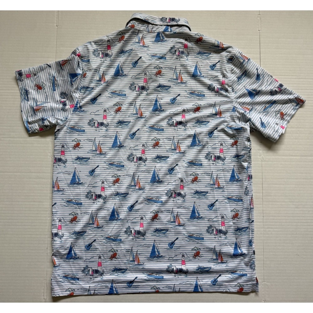 Vineyard Vines Performance Polo Mens L White Blue Sailboat Print Whale Logo Golf - Picture 6 of 6